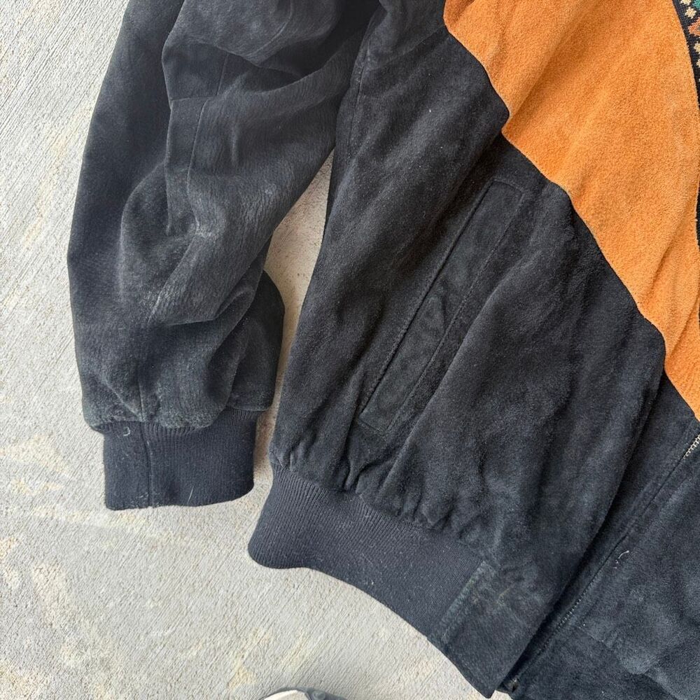 Vintage Cripple Creek Suede Aztec Western Bomber Jacket Black Tan Men's Large - Picture 3 of 9